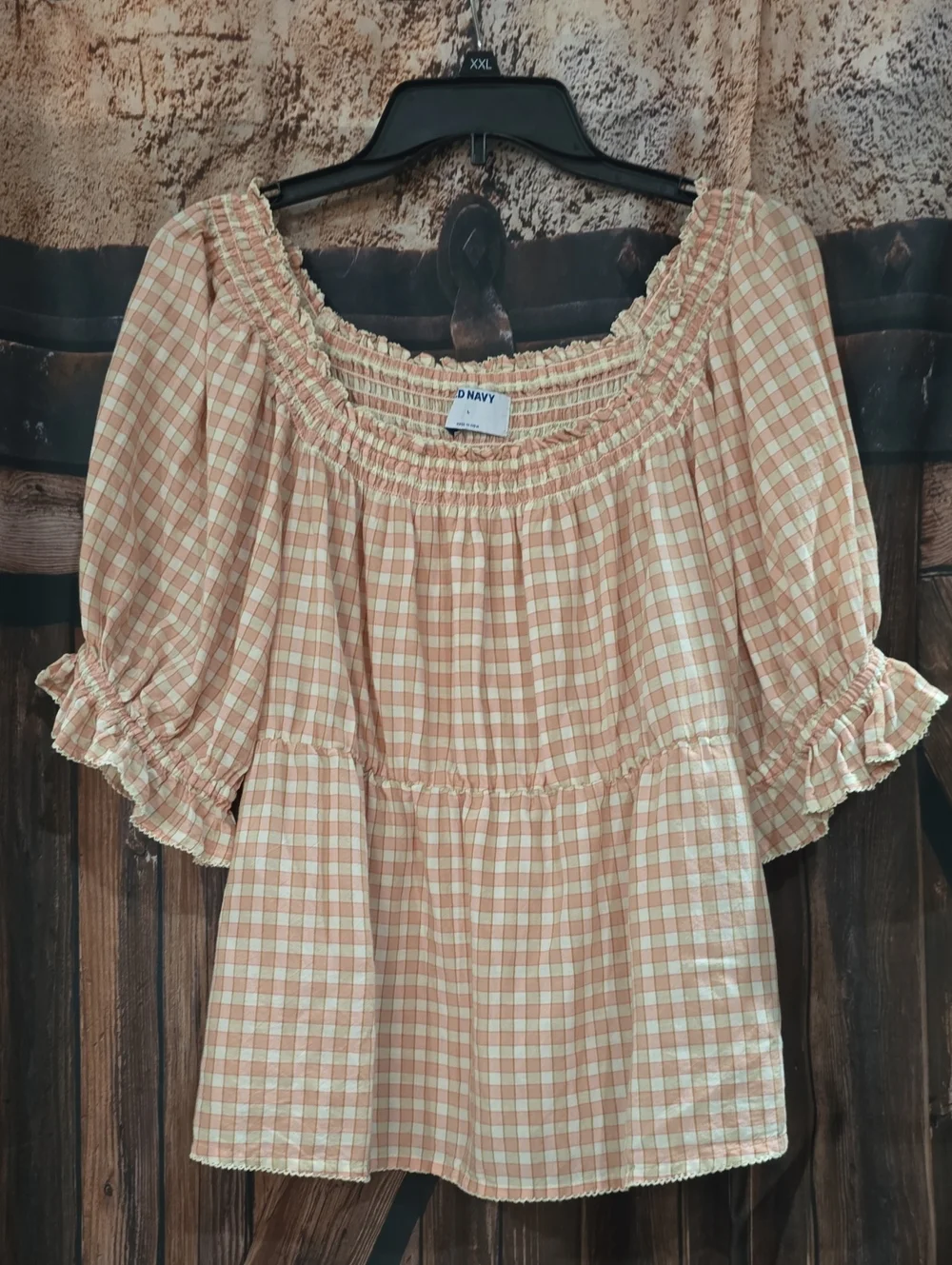 Old Navy Pink Plaid Gingham Short Sleeve Peasant Top